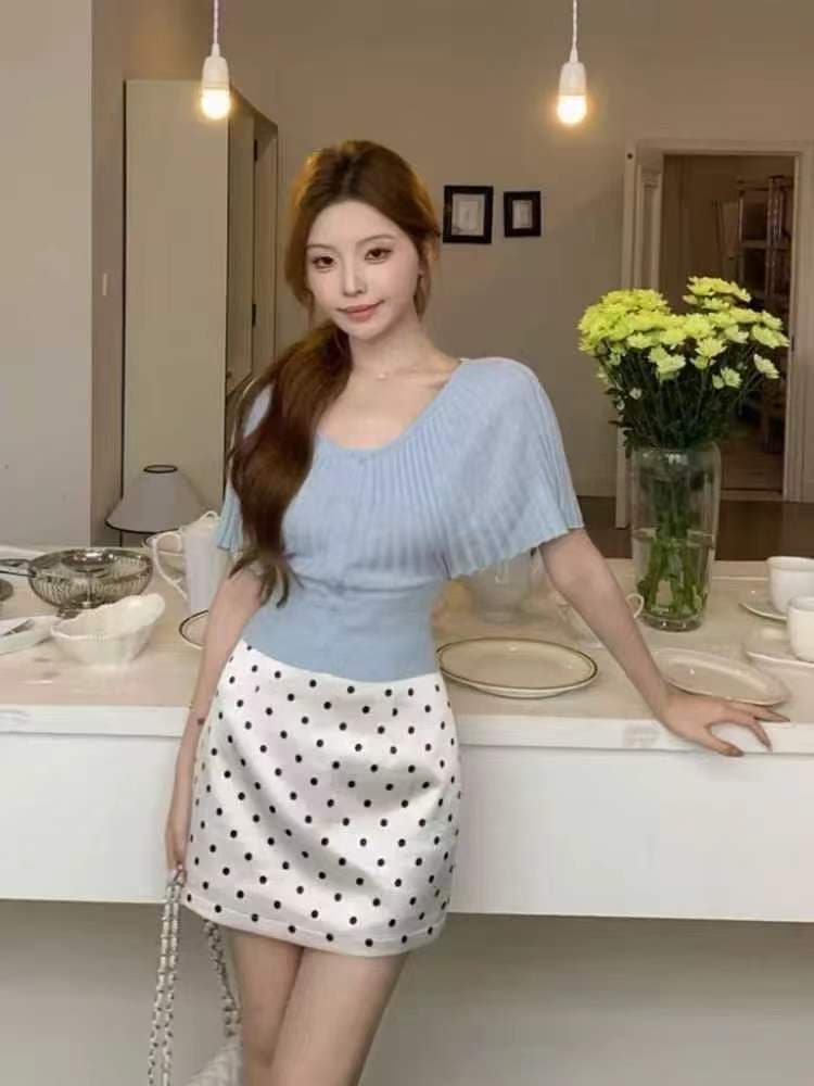 부드러운 달콤함 장기 Pleat 반팔 티셔츠 여성 여름 새로운 열세 개 허리 수축 슬림해 보이는 다용도 쇼트 스타일 니트 맨위 이미지 2