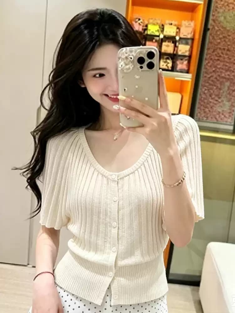 부드러운 달콤함 장기 Pleat 반팔 티셔츠 여성 여름 새로운 열세 개 허리 수축 슬림해 보이는 다용도 쇼트 스타일 니트 맨위 상세 이미지 1