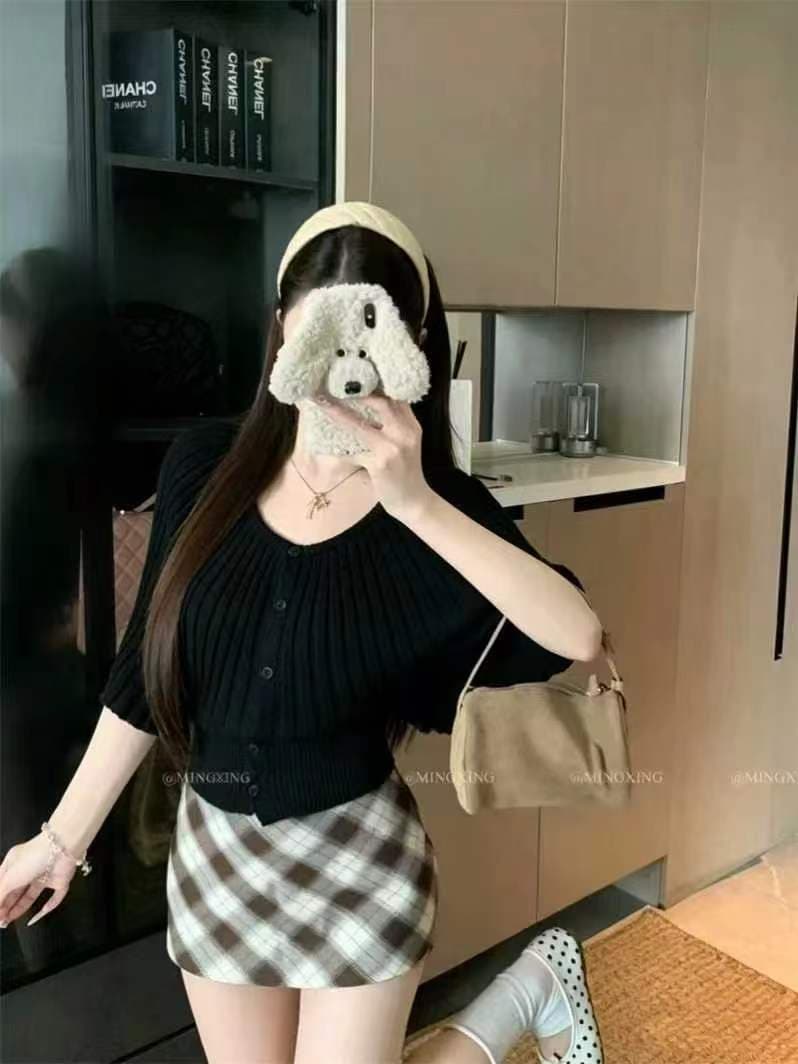부드러운 달콤함 장기 Pleat 반팔 티셔츠 여성 여름 새로운 열세 개 허리 수축 슬림해 보이는 다용도 쇼트 스타일 니트 맨위 상세 이미지 9