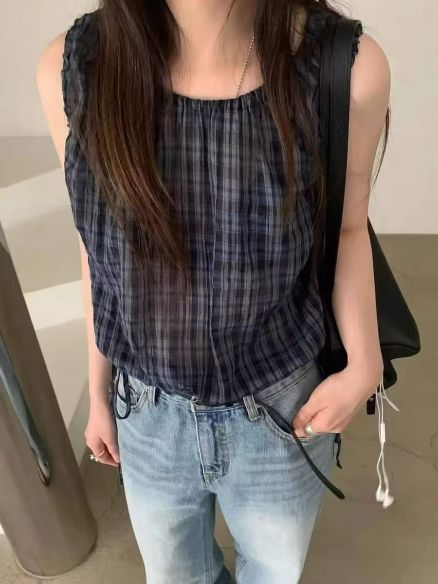 프랑스식 레트로 체크무늬 여성 셔츠 한국 chic 여름 새로운 달콤함 품격 허리 펌프 로프 슬림해 보이는 민소매 셔츠 상세 이미지 1