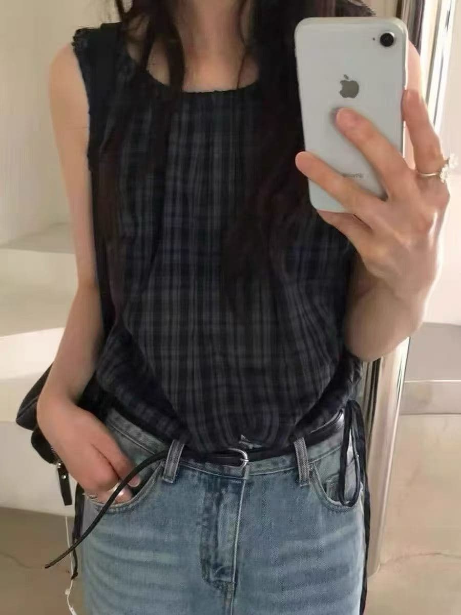 프랑스식 레트로 체크무늬 여성 셔츠 한국 chic 여름 새로운 달콤함 품격 허리 펌프 로프 슬림해 보이는 민소매 셔츠 상세 이미지 2