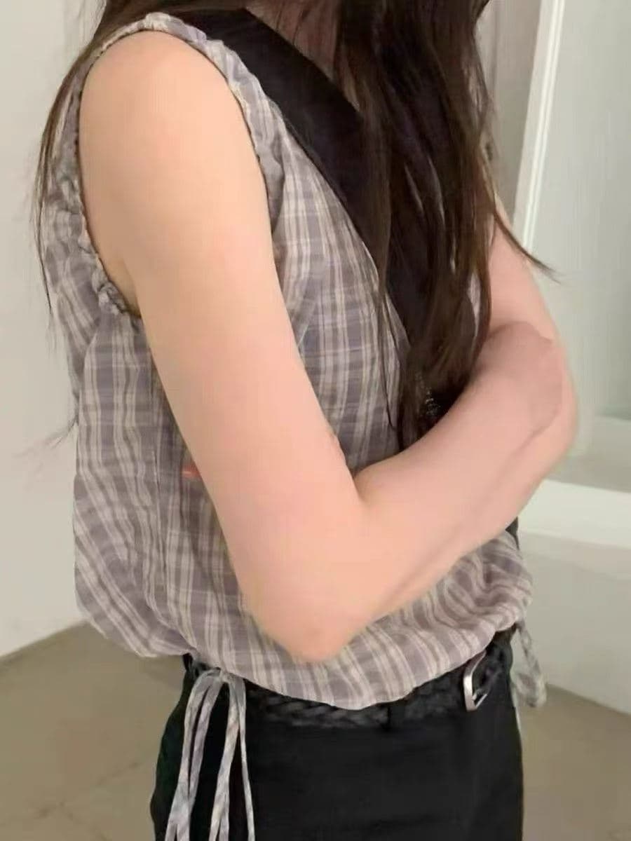 프랑스식 레트로 체크무늬 여성 셔츠 한국 chic 여름 새로운 달콤함 품격 허리 펌프 로프 슬림해 보이는 민소매 셔츠 상세 이미지 4