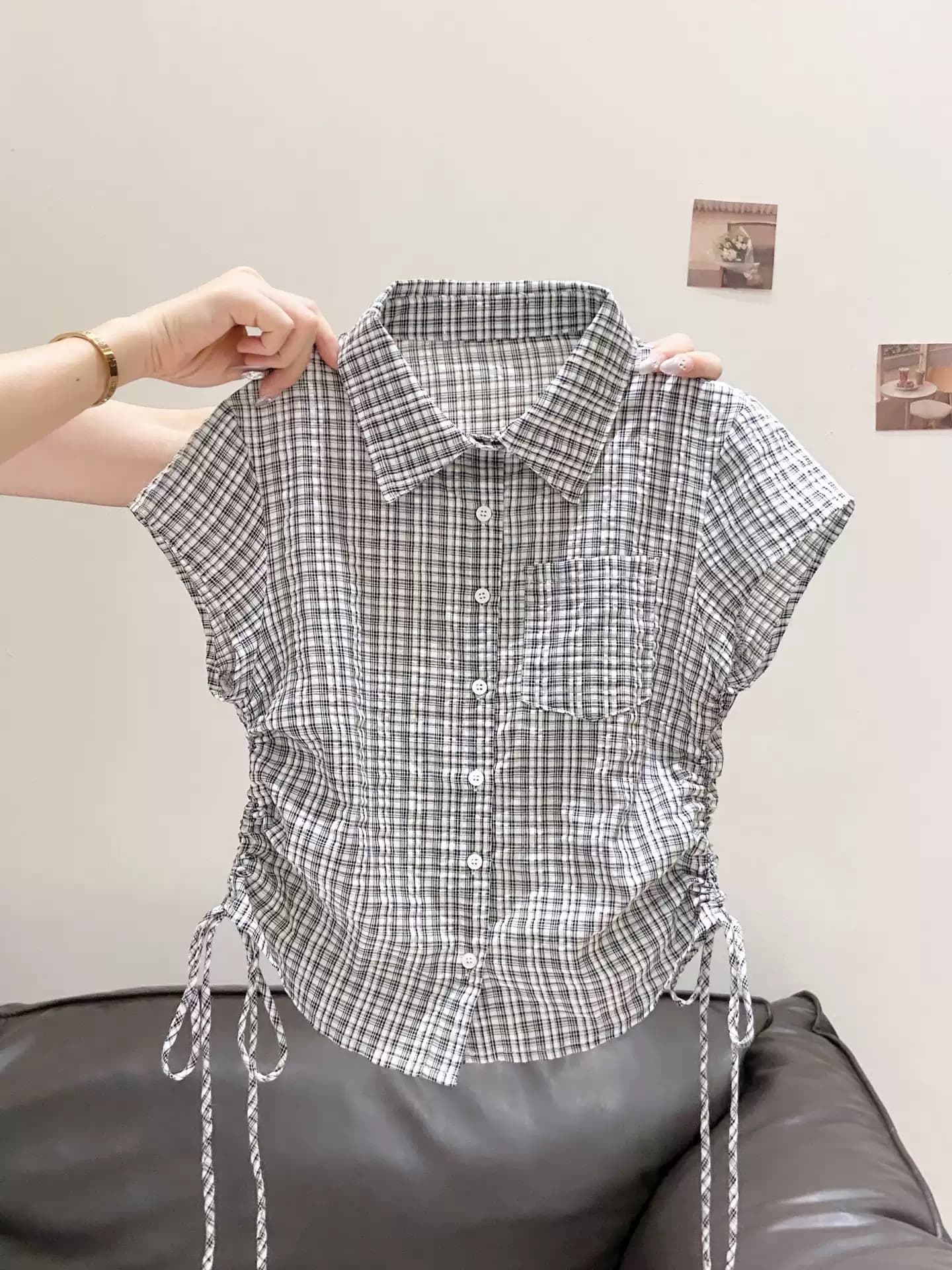 레트로 항구 바람 폴로 칼라 체크무늬 반팔 여성 셔츠 여름 새로운 측면 펌프 로프 허리 수축 슬림해 보이는 출퇴근 짧은 맨위 이미지 4
