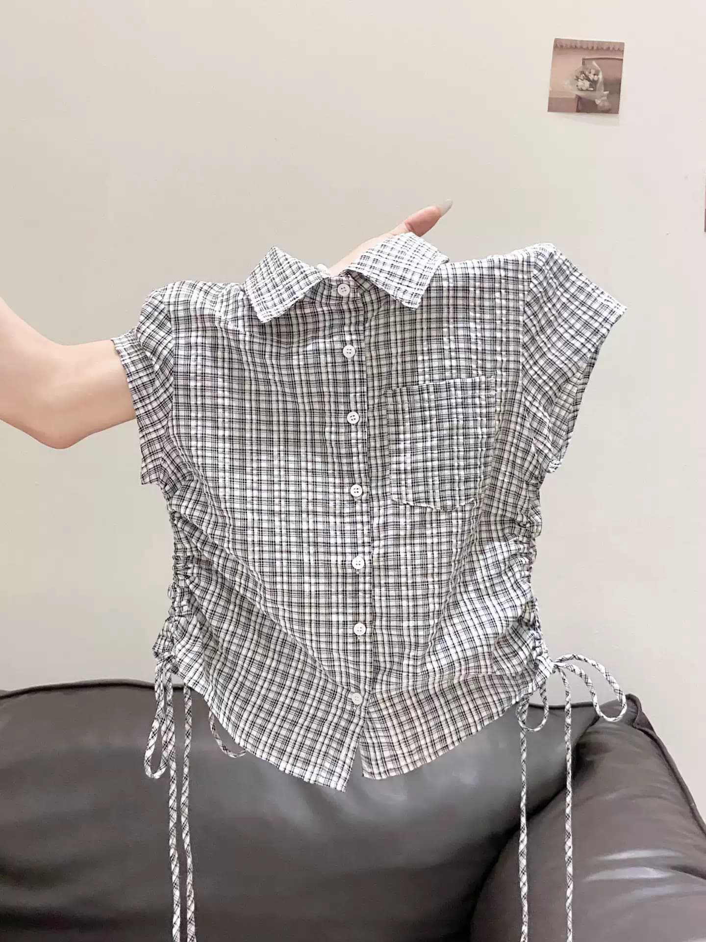 레트로 항구 바람 폴로 칼라 체크무늬 반팔 여성 셔츠 여름 새로운 측면 펌프 로프 허리 수축 슬림해 보이는 출퇴근 짧은 맨위 이미지 3