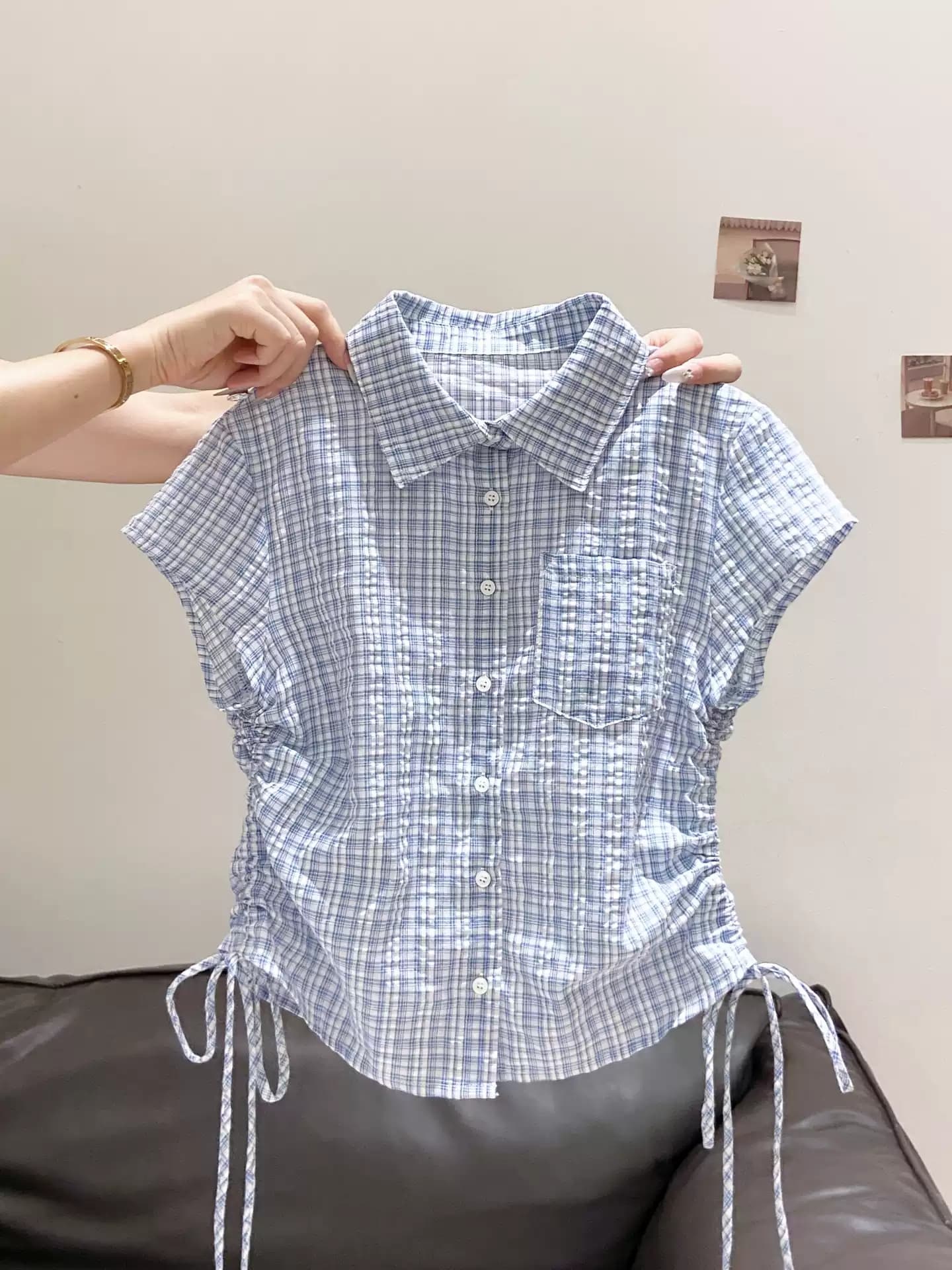 레트로 항구 바람 폴로 칼라 체크무늬 반팔 여성 셔츠 여름 새로운 측면 펌프 로프 허리 수축 슬림해 보이는 출퇴근 짧은 맨위