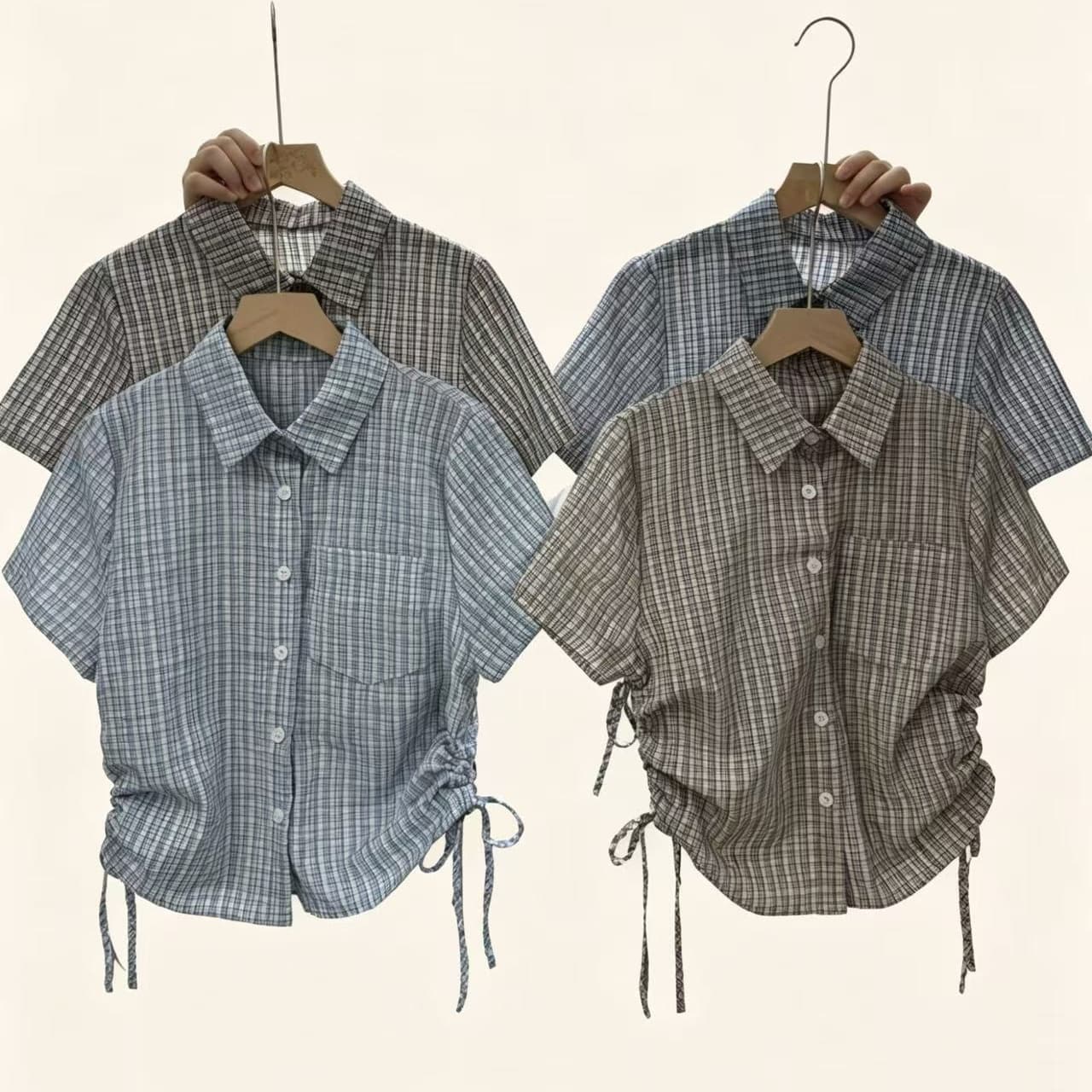 레트로 항구 바람 폴로 칼라 체크무늬 반팔 여성 셔츠 여름 새로운 측면 펌프 로프 허리 수축 슬림해 보이는 출퇴근 짧은 맨위 이미지 5