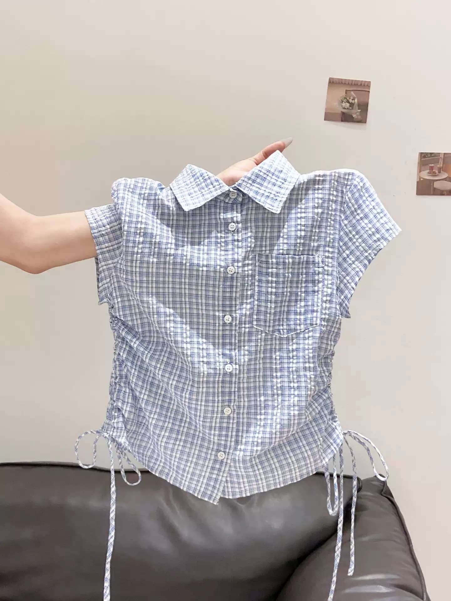 레트로 항구 바람 폴로 칼라 체크무늬 반팔 여성 셔츠 여름 새로운 측면 펌프 로프 허리 수축 슬림해 보이는 출퇴근 짧은 맨위 상세 이미지 3