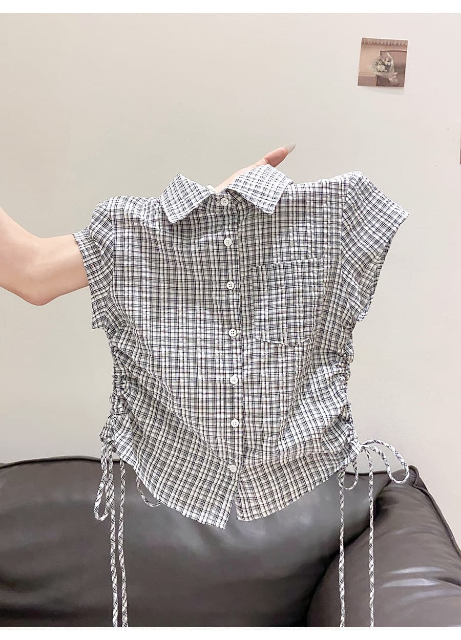 레트로 항구 바람 폴로 칼라 체크무늬 반팔 여성 셔츠 여름 새로운 측면 펌프 로프 허리 수축 슬림해 보이는 출퇴근 짧은 맨위 상세 이미지 6