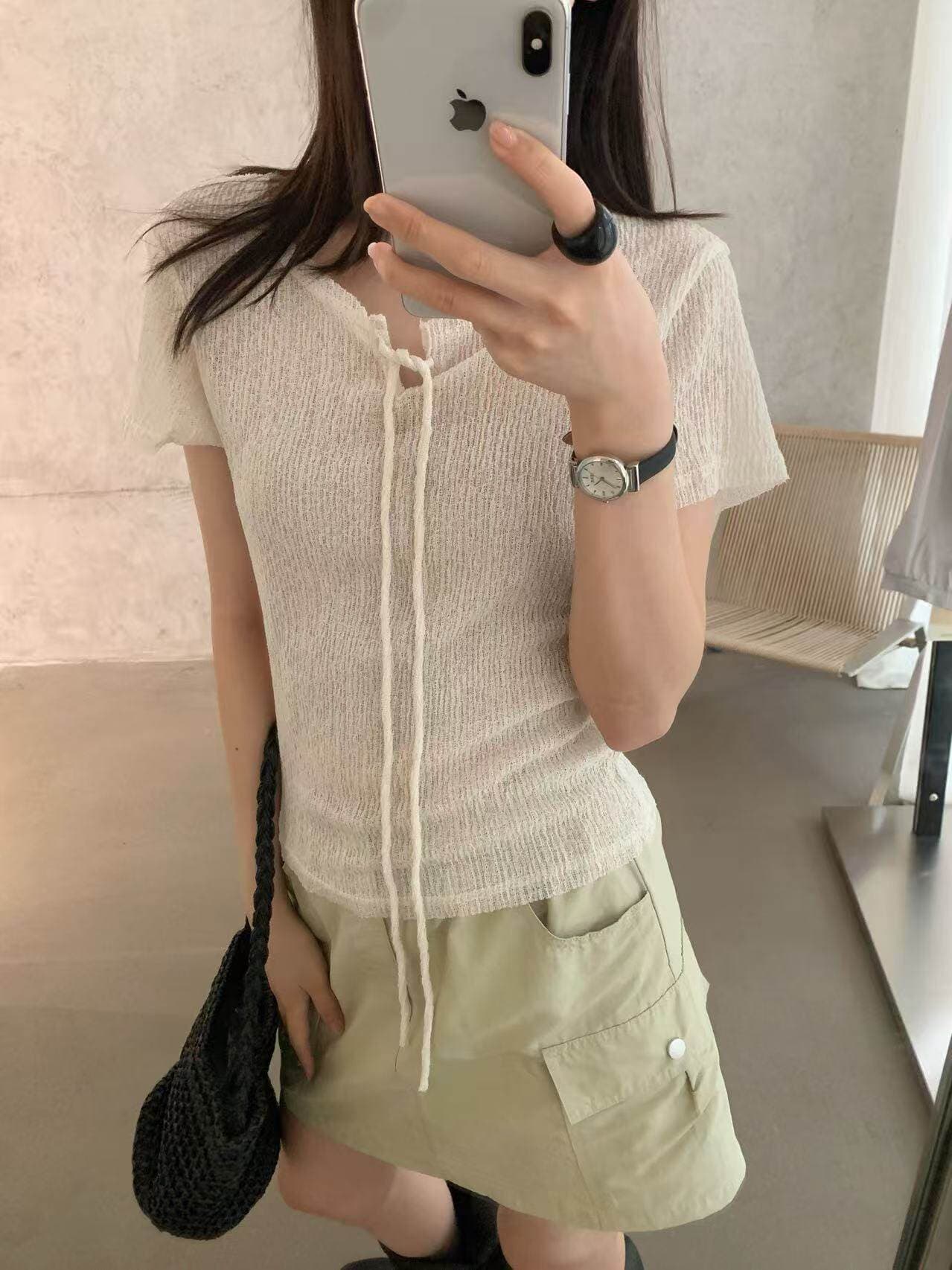 lovely 여름 새로운 캐주얼 다용도 네클라인 레이스업 디자인 센스 작은 대중 몸매 가꾸기 반팔 맨위 여성 s12267 이미지 4