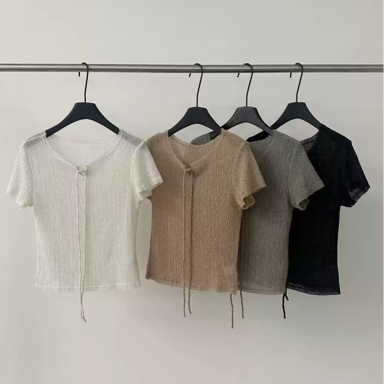 lovely 여름 새로운 캐주얼 다용도 네클라인 레이스업 디자인 센스 작은 대중 몸매 가꾸기 반팔 맨위 여성 s12267