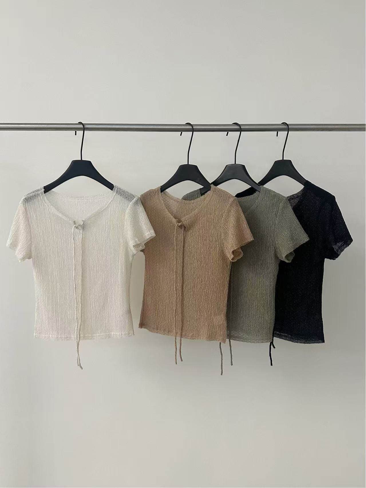 lovely 여름 새로운 캐주얼 다용도 네클라인 레이스업 디자인 센스 작은 대중 몸매 가꾸기 반팔 맨위 여성 s12267 상세 이미지 1