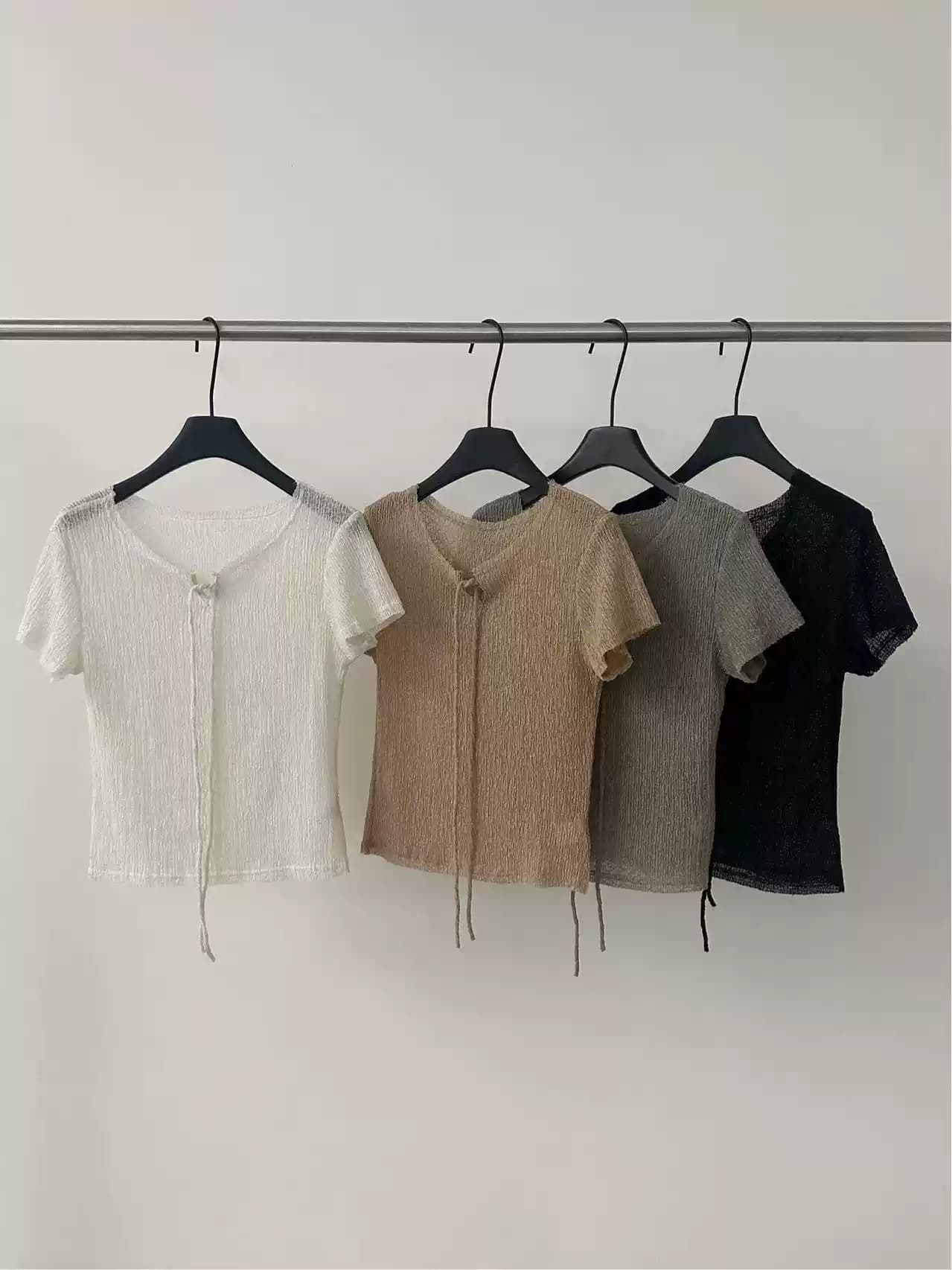 lovely 여름 새로운 캐주얼 다용도 네클라인 레이스업 디자인 센스 작은 대중 몸매 가꾸기 반팔 맨위 여성 s12267 상세 이미지 3