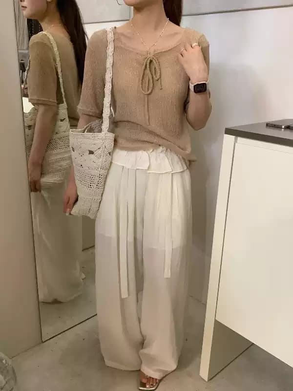 lovely 여름 새로운 캐주얼 다용도 네클라인 레이스업 디자인 센스 작은 대중 몸매 가꾸기 반팔 맨위 여성 s12267 상세 이미지 8