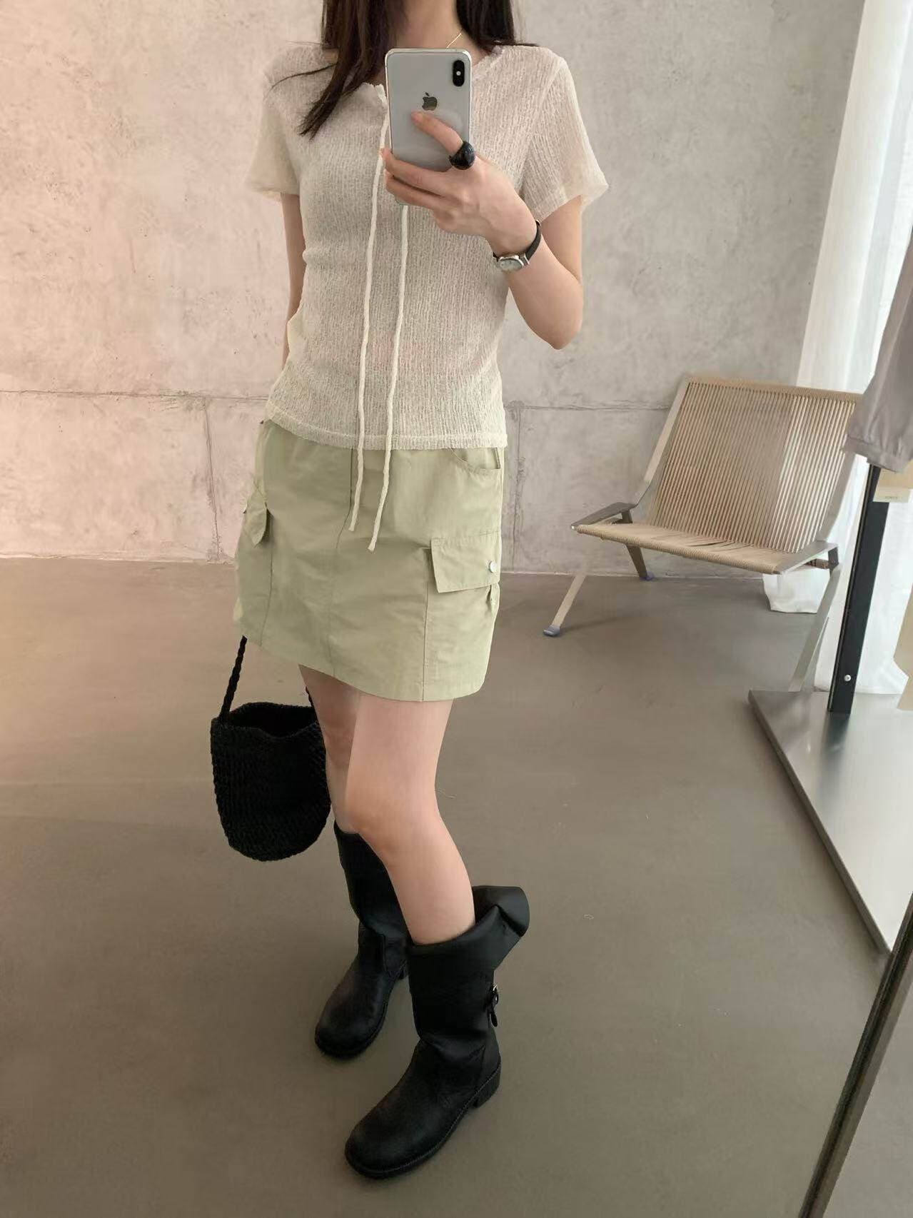lovely 여름 새로운 캐주얼 다용도 네클라인 레이스업 디자인 센스 작은 대중 몸매 가꾸기 반팔 맨위 여성 s12267 상세 이미지 10
