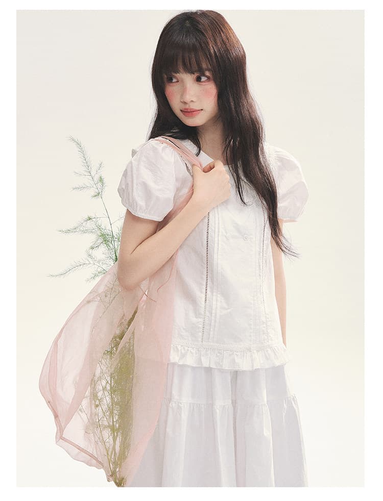 하얀 달빛 소녀 이중 버튼 베이비 칼라 반팔 셔츠 작은 셔츠 홀로우 아웃 레이스 레이스 패치워크 프릴 이미지 2
