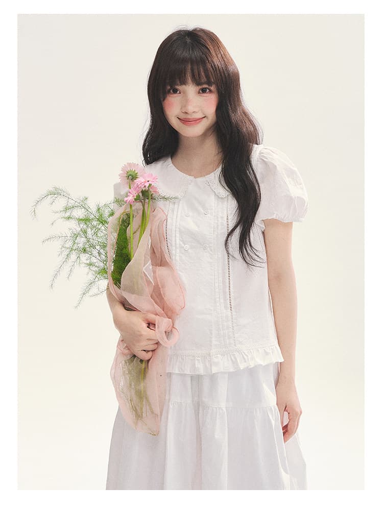 하얀 달빛 소녀 이중 버튼 베이비 칼라 반팔 셔츠 작은 셔츠 홀로우 아웃 레이스 레이스 패치워크 프릴 이미지 3