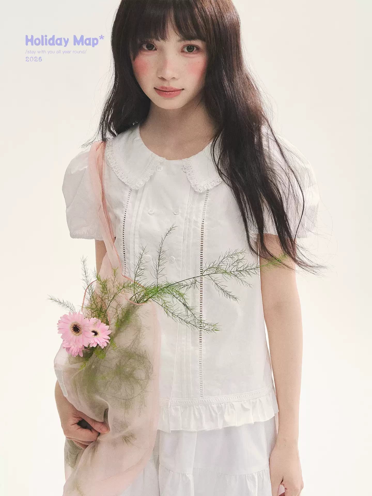 하얀 달빛 소녀 이중 버튼 베이비 칼라 반팔 셔츠 작은 셔츠 홀로우 아웃 레이스 레이스 패치워크 프릴