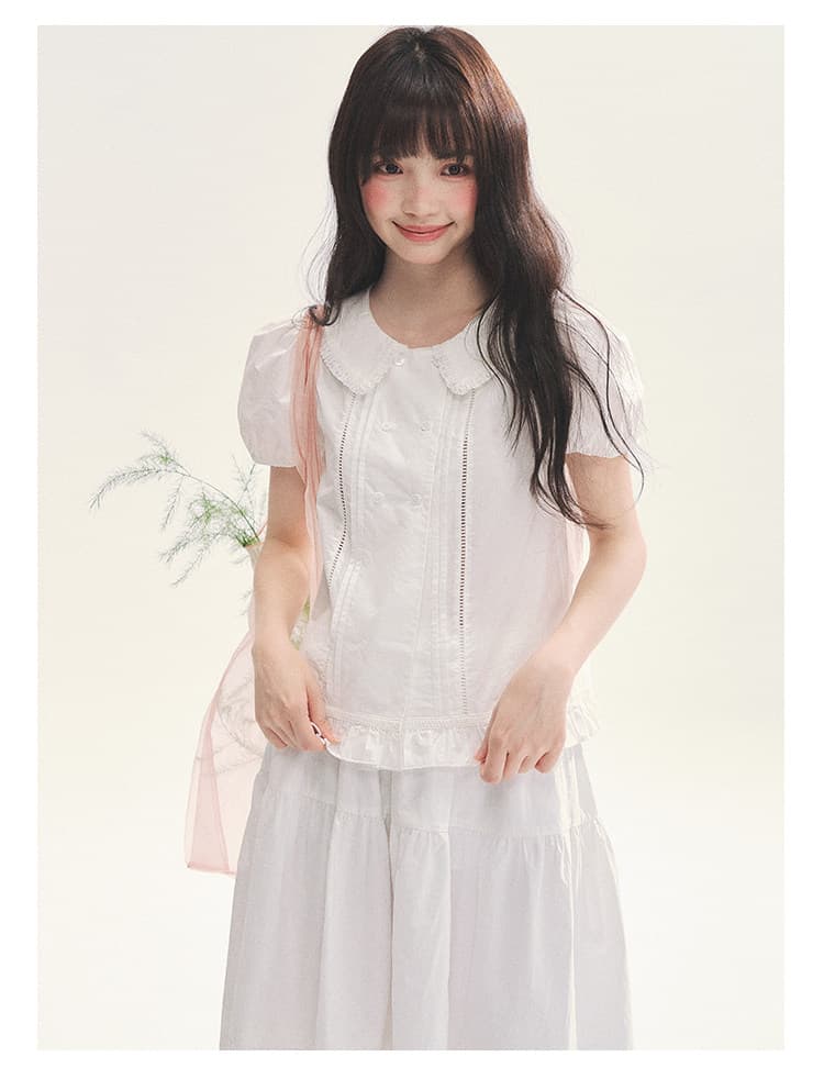 하얀 달빛 소녀 이중 버튼 베이비 칼라 반팔 셔츠 작은 셔츠 홀로우 아웃 레이스 레이스 패치워크 프릴 상세 이미지 1