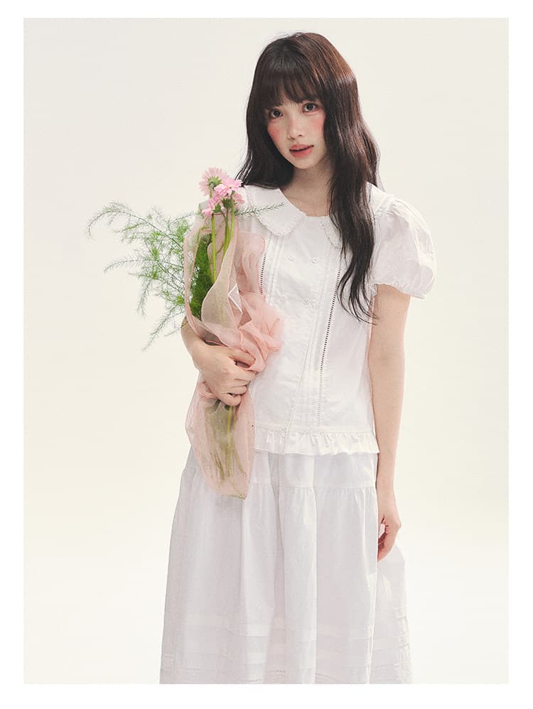 하얀 달빛 소녀 이중 버튼 베이비 칼라 반팔 셔츠 작은 셔츠 홀로우 아웃 레이스 레이스 패치워크 프릴 상세 이미지 5