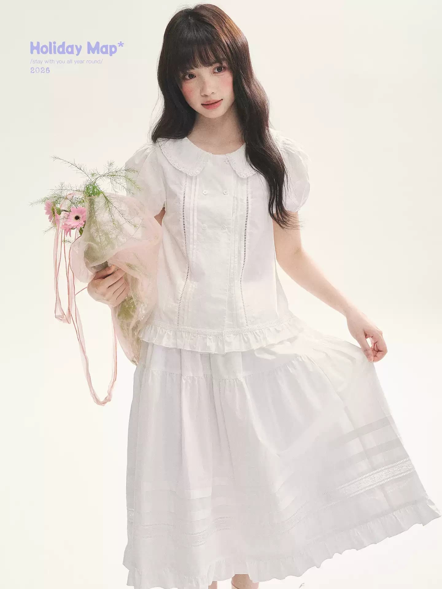 하얀 달빛 소녀 이중 버튼 베이비 칼라 반팔 셔츠 작은 셔츠 홀로우 아웃 레이스 레이스 패치워크 프릴 상세 이미지 8