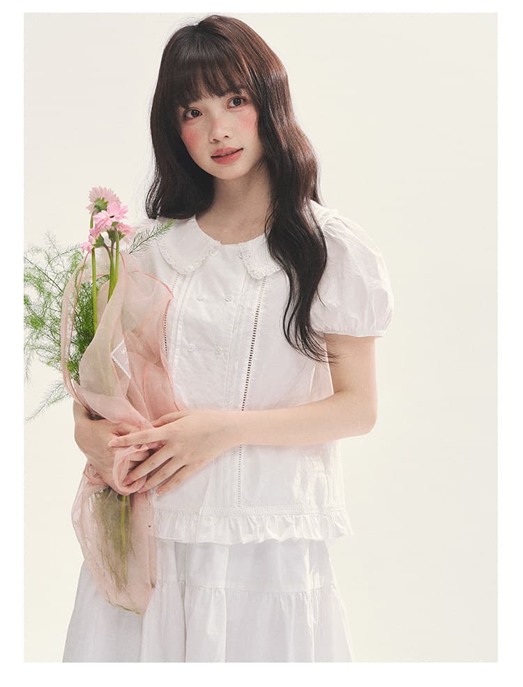 하얀 달빛 소녀 이중 버튼 베이비 칼라 반팔 셔츠 작은 셔츠 홀로우 아웃 레이스 레이스 패치워크 프릴 상세 이미지 9