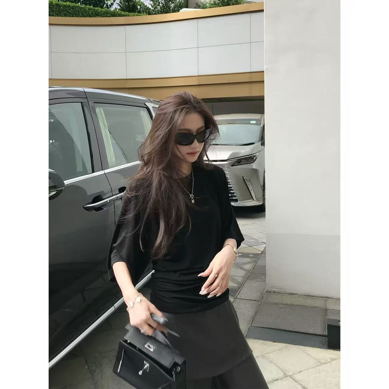 감기 흰색 피부 t& 가져 오기 주간 실크 모방 양모 빛 사람들 분위기 루즈핏 커프스 폐회 자매 센스 티셔츠 여름 이미지 5