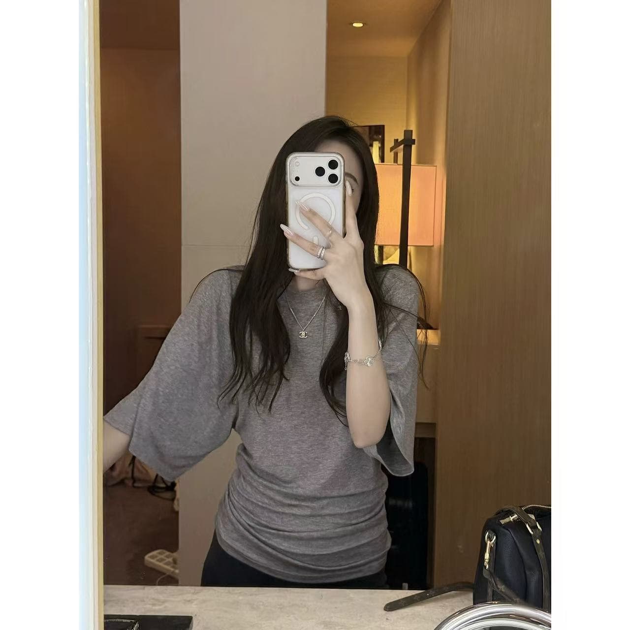 감기 흰색 피부 t& 가져 오기 주간 실크 모방 양모 빛 사람들 분위기 루즈핏 커프스 폐회 자매 센스 티셔츠 여름 상세 이미지 6