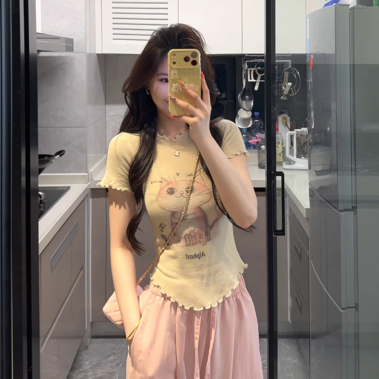 고양이 프린트 프릴 얼음 실크 반팔 니트 스웨터 여성 여름 새로운 몸매 가꾸기 고유 한 아름다운 그레이트 봐. 의류 이미지 4