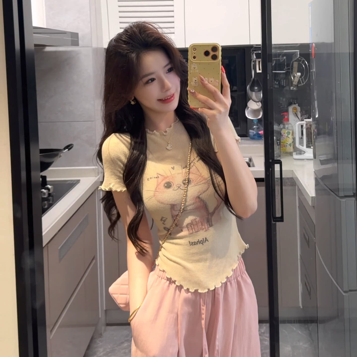 고양이 프린트 프릴 얼음 실크 반팔 니트 스웨터 여성 여름 새로운 몸매 가꾸기 고유 한 아름다운 그레이트 봐. 의류 상세 이미지 2