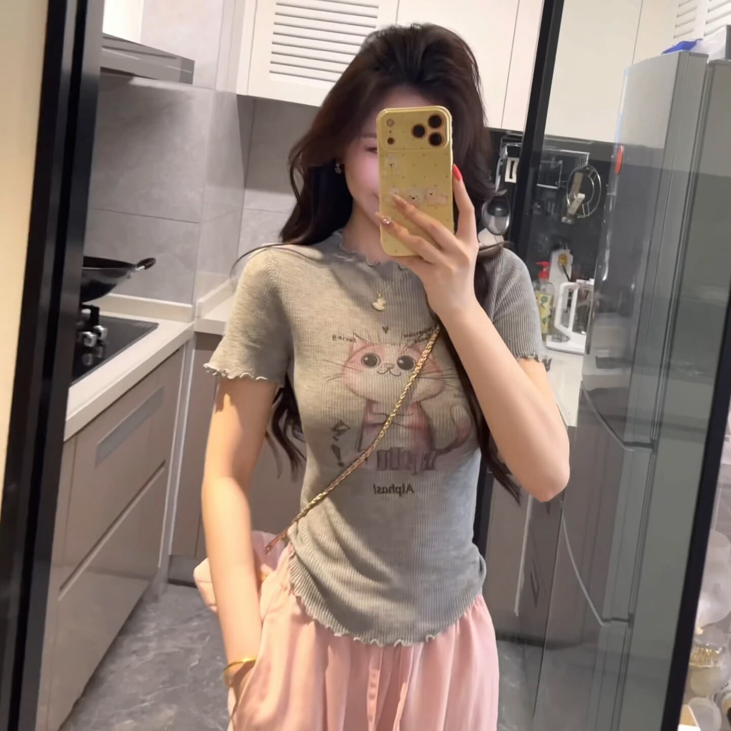 고양이 프린트 프릴 얼음 실크 반팔 니트 스웨터 여성 여름 새로운 몸매 가꾸기 고유 한 아름다운 그레이트 봐. 의류 상세 이미지 3