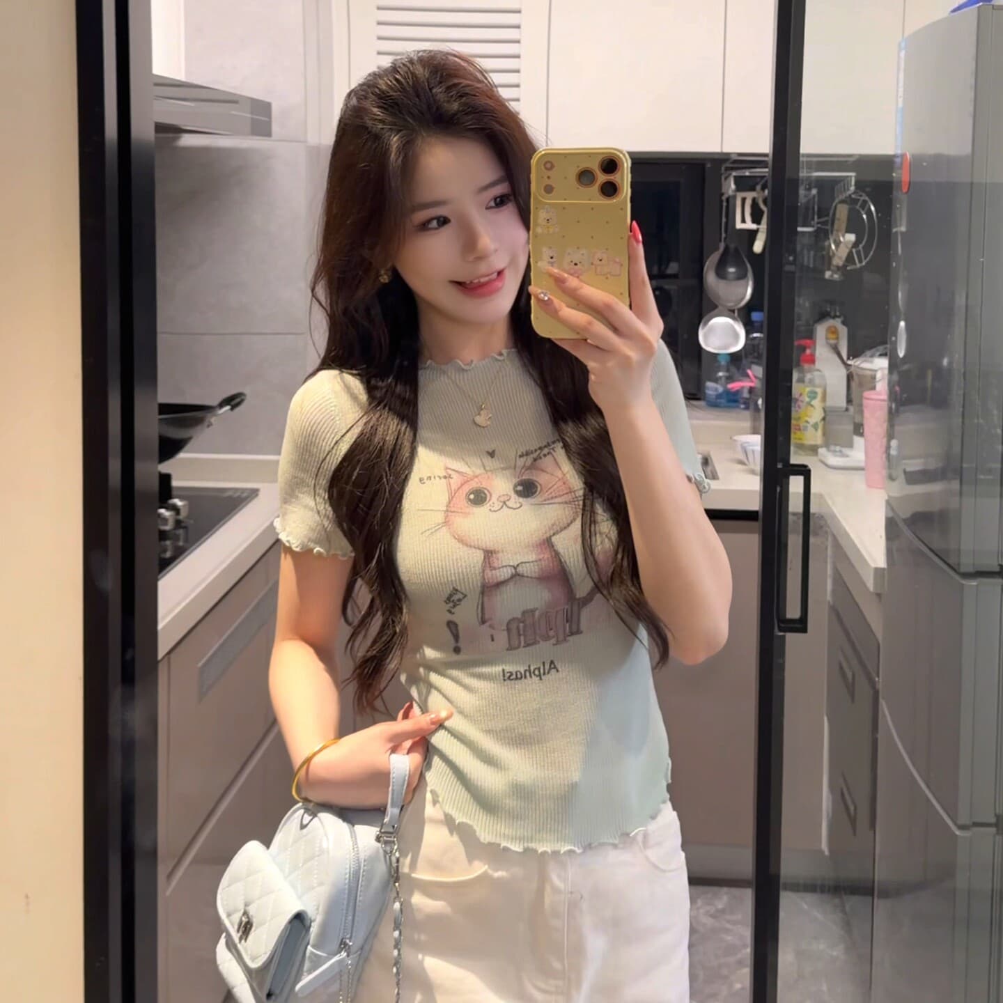고양이 프린트 프릴 얼음 실크 반팔 니트 스웨터 여성 여름 새로운 몸매 가꾸기 고유 한 아름다운 그레이트 봐. 의류 상세 이미지 5