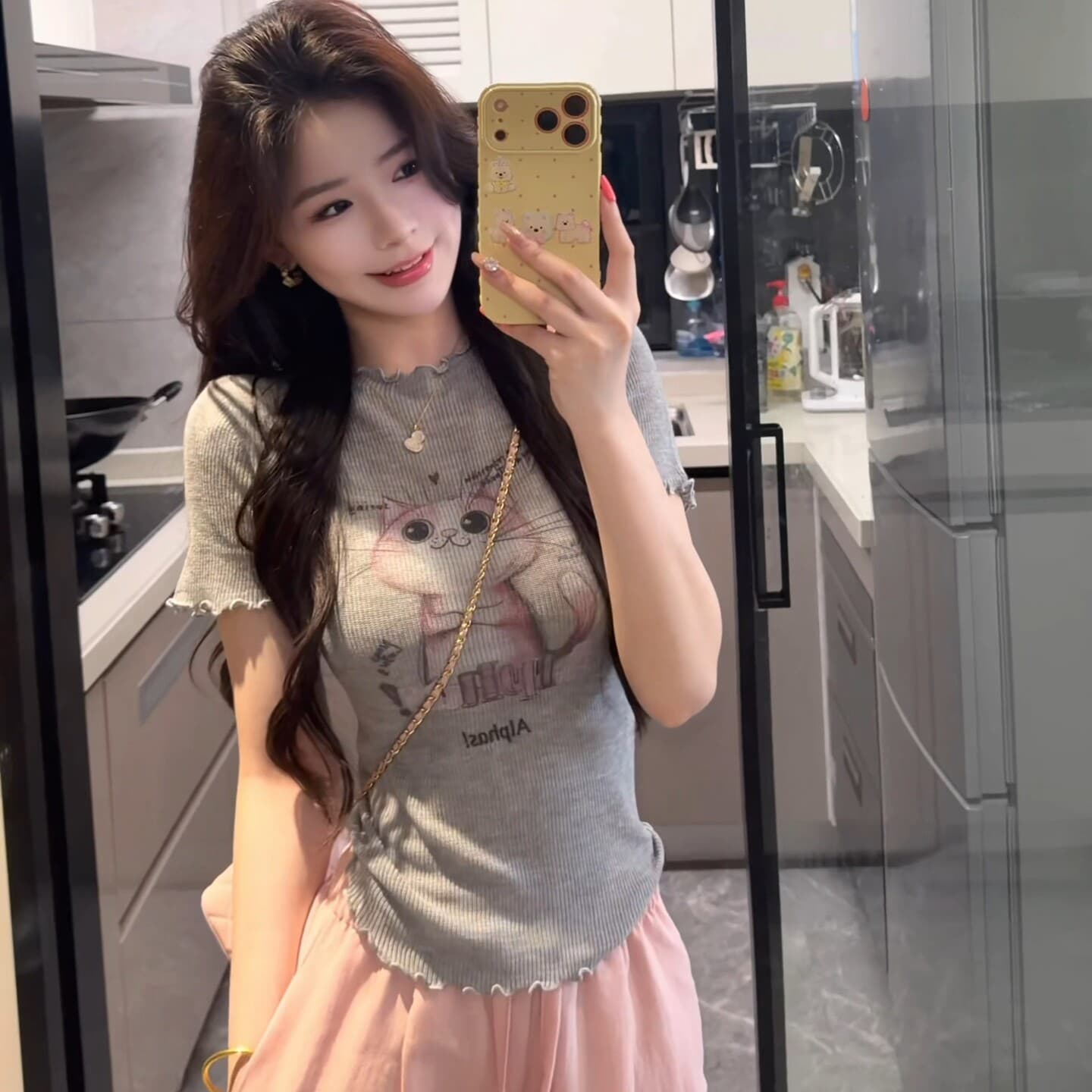 고양이 프린트 프릴 얼음 실크 반팔 니트 스웨터 여성 여름 새로운 몸매 가꾸기 고유 한 아름다운 그레이트 봐. 의류 상세 이미지 6