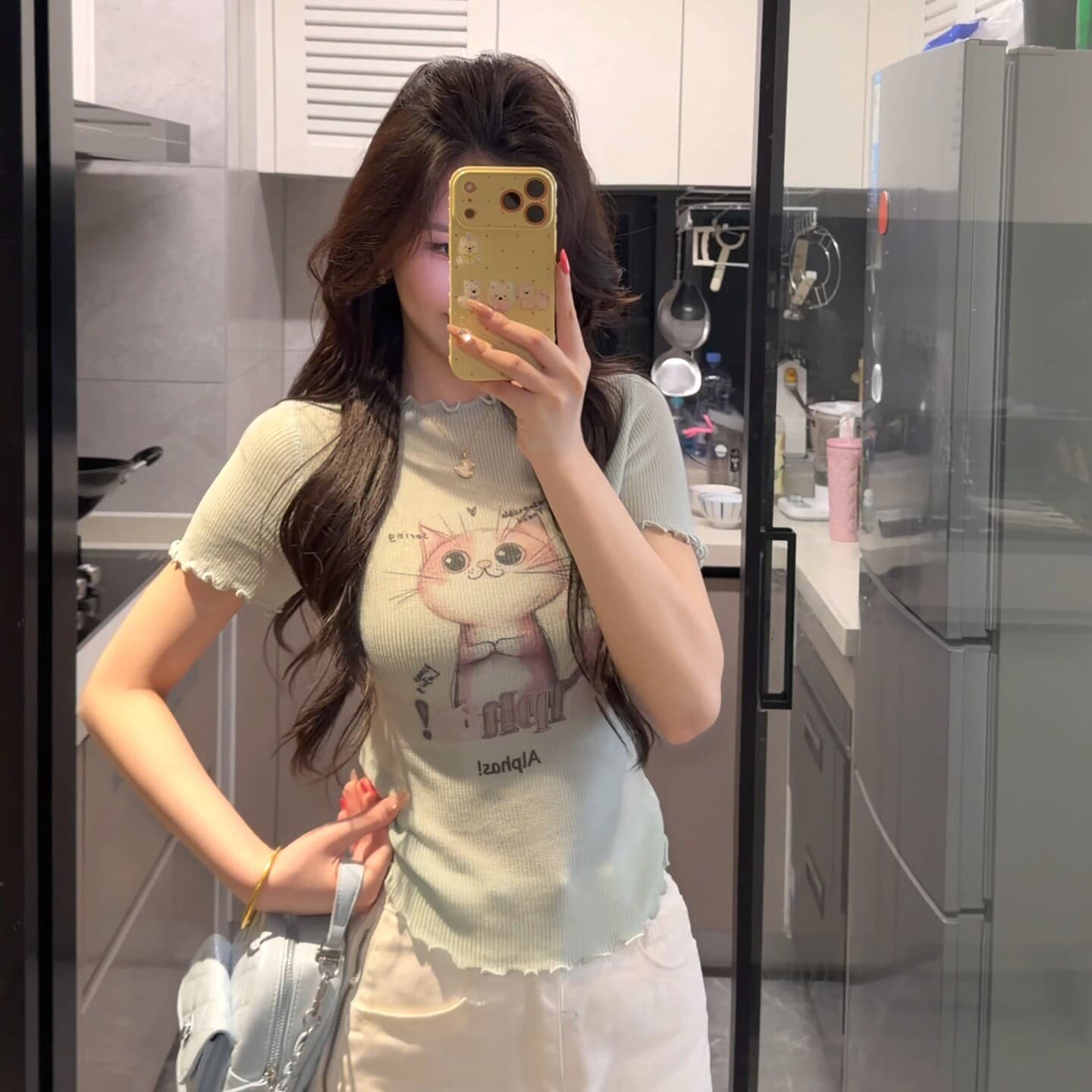 고양이 프린트 프릴 얼음 실크 반팔 니트 스웨터 여성 여름 새로운 몸매 가꾸기 고유 한 아름다운 그레이트 봐. 의류 상세 이미지 8