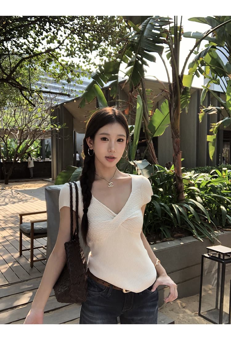 레드 맨 파빌리온 반팔 니트 스웨터 여자 2026 새로운 여름 핑크색 디자인 센스 고유 한 아름다운 그레이트 봐. 의류 상세 이미지 3