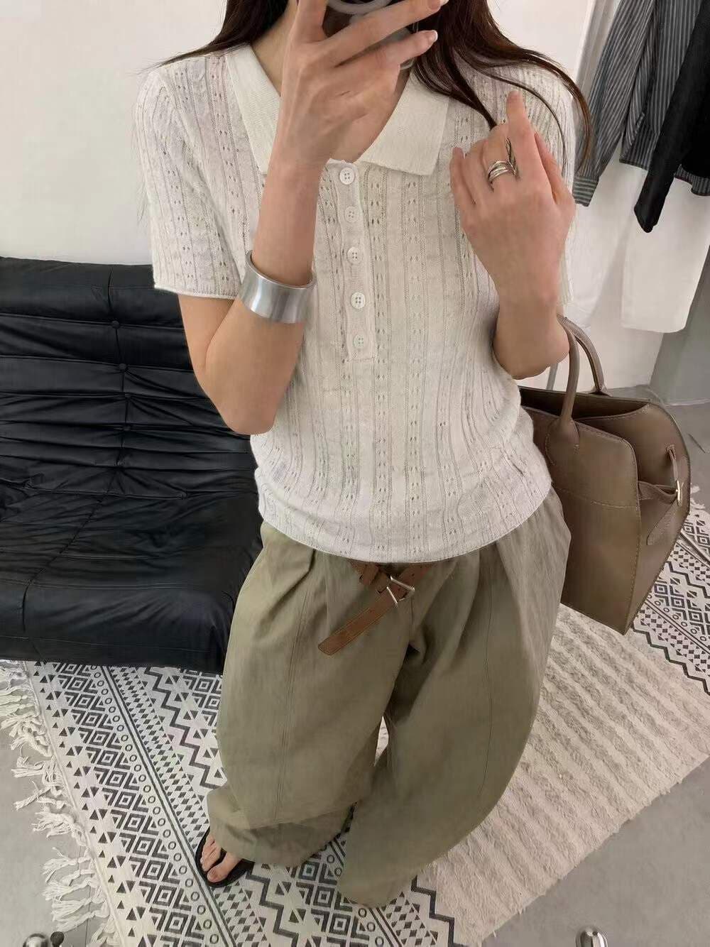 프랑스식 폴로 칼라 홀로우 아웃 핑크색 얼음 실크 니트 반팔 티셔츠 여성 여름 몸매 가꾸기 슬림해 보이는 쇼트 스타일 POLO 셔츠 맨위 이미지 4