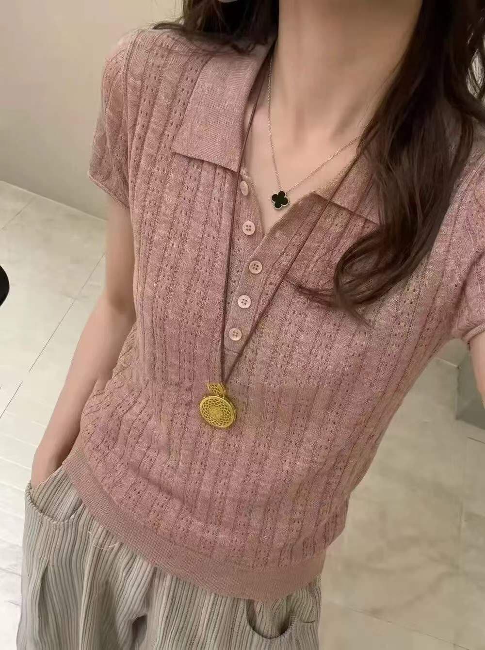 프랑스식 폴로 칼라 홀로우 아웃 핑크색 얼음 실크 니트 반팔 티셔츠 여성 여름 몸매 가꾸기 슬림해 보이는 쇼트 스타일 POLO 셔츠 맨위 이미지 3