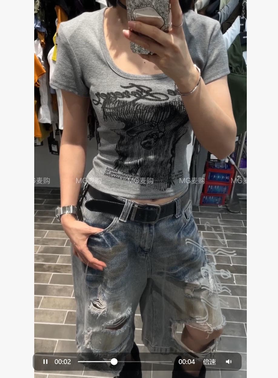 mg 밀 구매 2026 여름 새로운 한국 스타일 품격 프린트 u 칼라 반팔 티셔츠 여성 몸매 가꾸기 슬림해 보이는 어깨 패드 쇼트 스타일 맨위 상세 이미지 11