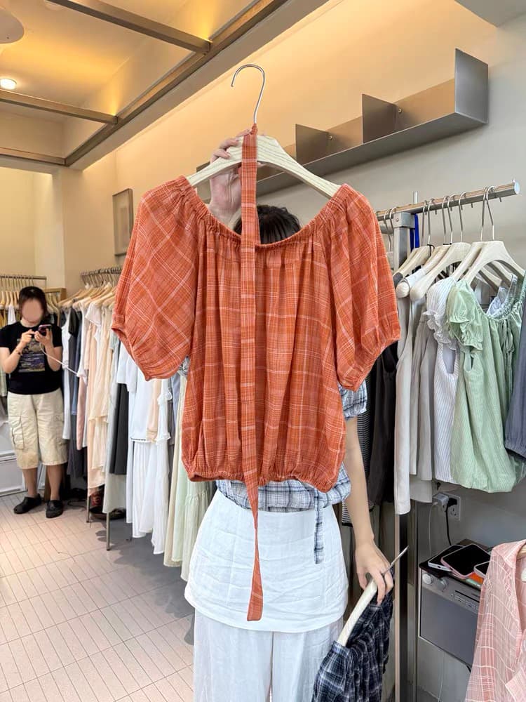 2026 년 여름 새로운 한국 스타일 열세 개 출퇴근 바람 루즈핏 수 있습니다. 오프숄더 디자인 센스 풀오버 체크무늬 맨위 상세 이미지 6