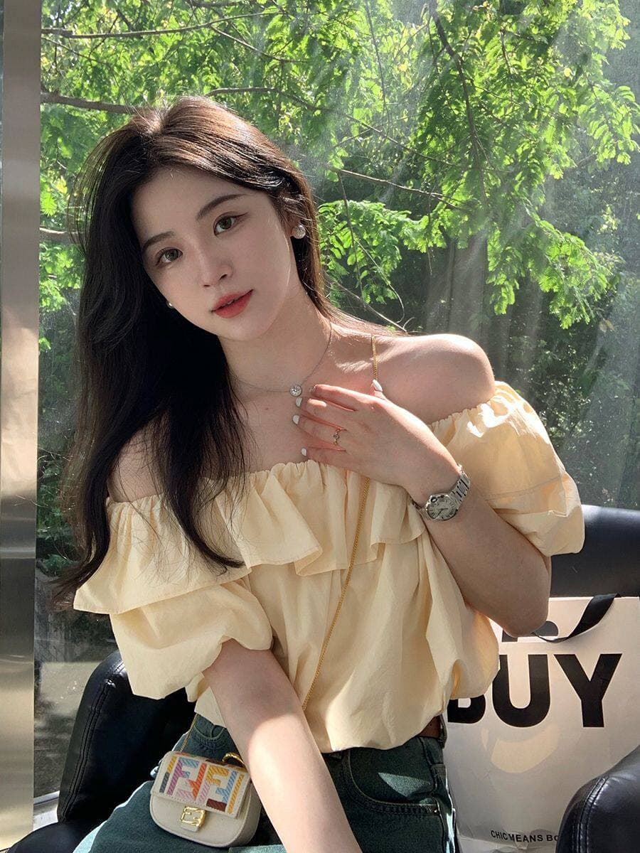 프랑스식 오프숄더 반팔 여성 셔츠 여름 2026 새로운 부드러운 품격 섹시함 오프숄더 프릴 쉬폰 블라우스 이미지 4