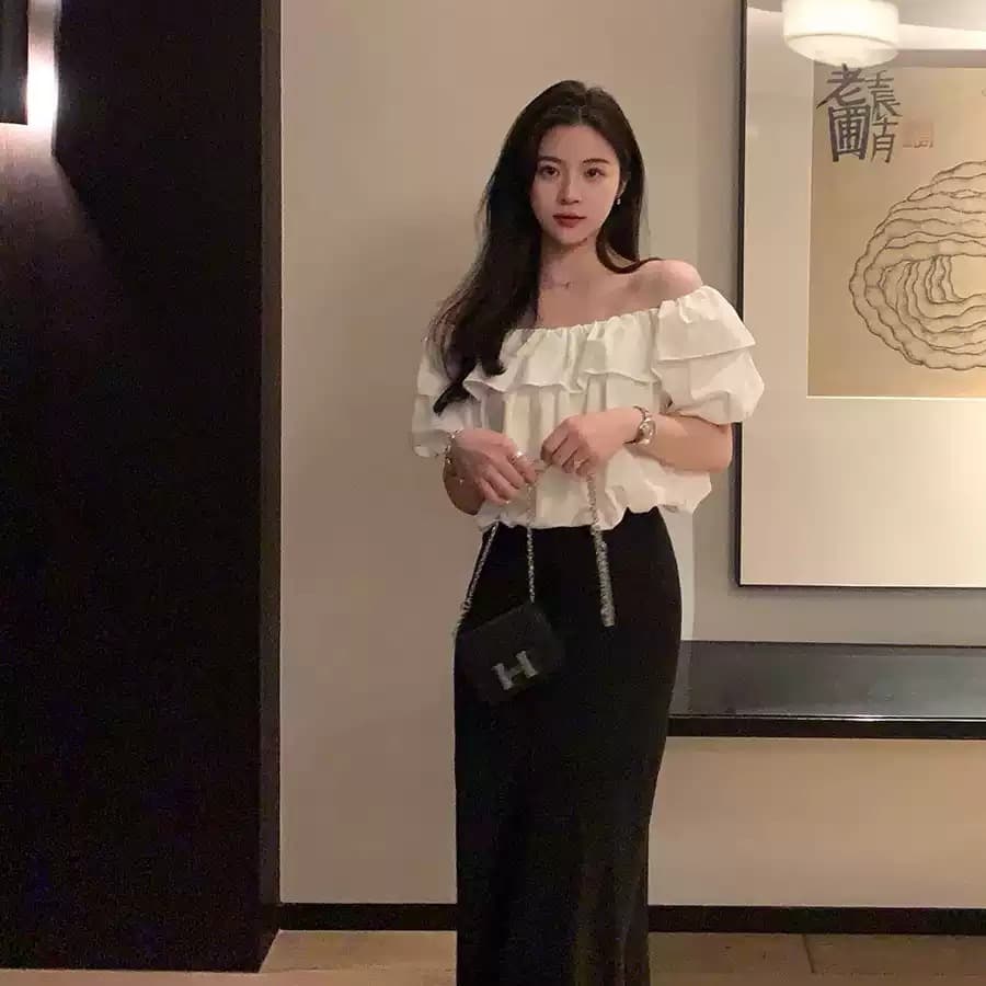 프랑스식 오프숄더 반팔 여성 셔츠 여름 2026 새로운 부드러운 품격 섹시함 오프숄더 프릴 쉬폰 블라우스 이미지 5
