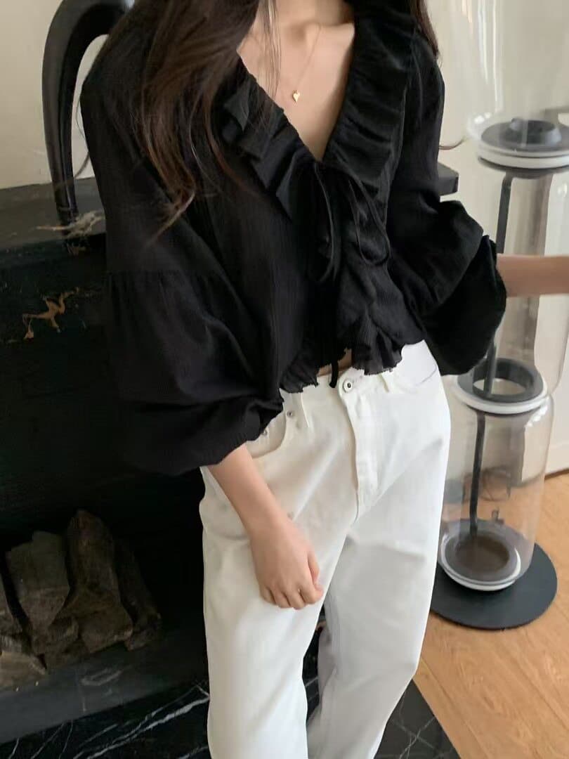 한국 동대문 패션 편안함 신제품 트렌드 V넥 스트랩 프릴 루즈핏 셔츠 자외선 차단 긴팔 맨위 상세 이미지 8