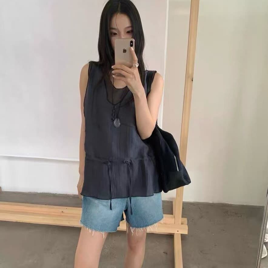 한 부서 프릴 패치워크 페이크 레이어드 펌프 로프 허리 수축 민소매 캐미솔 여름 외출용 이미지 5