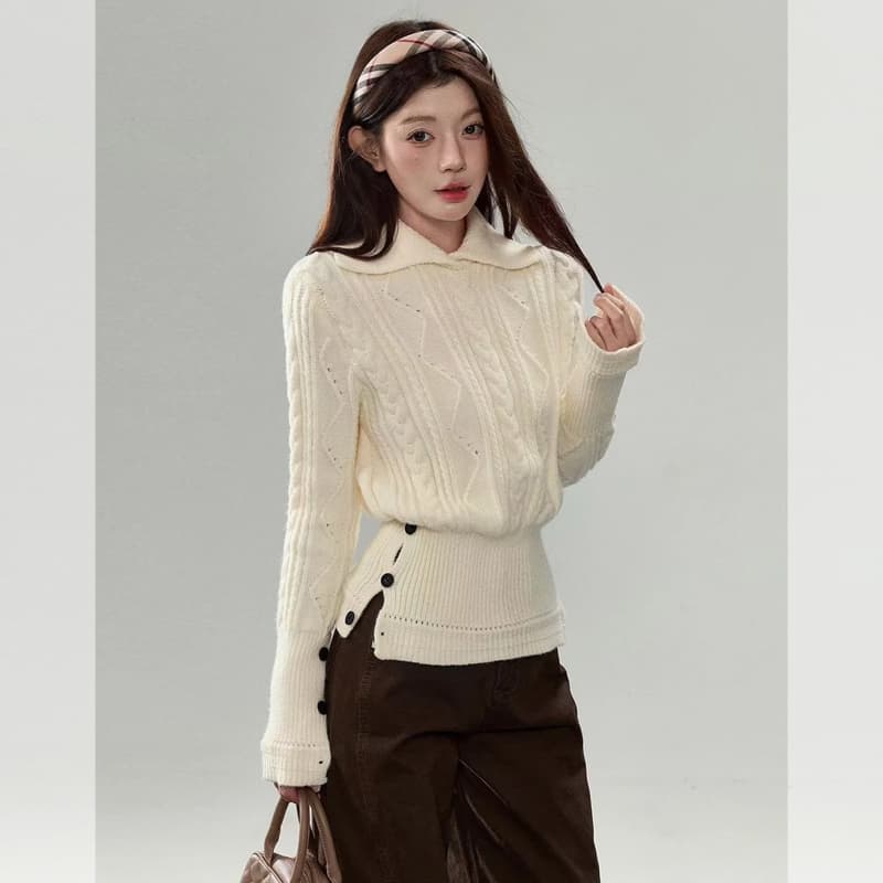 레트로 꽈배기 폴로 칼라 긴팔 스웨터 여자 겨울 캐주얼 루즈핏 슬림해 보이는 디자인 센스 보온 맨위 이미지 2