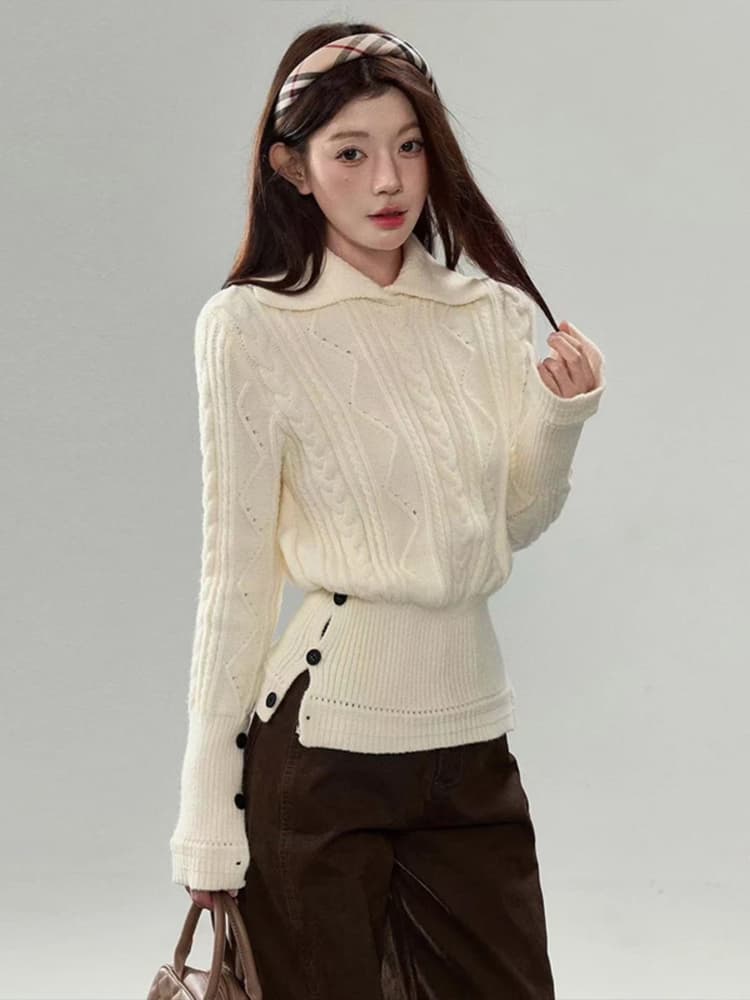 레트로 꽈배기 폴로 칼라 긴팔 스웨터 여자 겨울 캐주얼 루즈핏 슬림해 보이는 디자인 센스 보온 맨위 상세 이미지 1