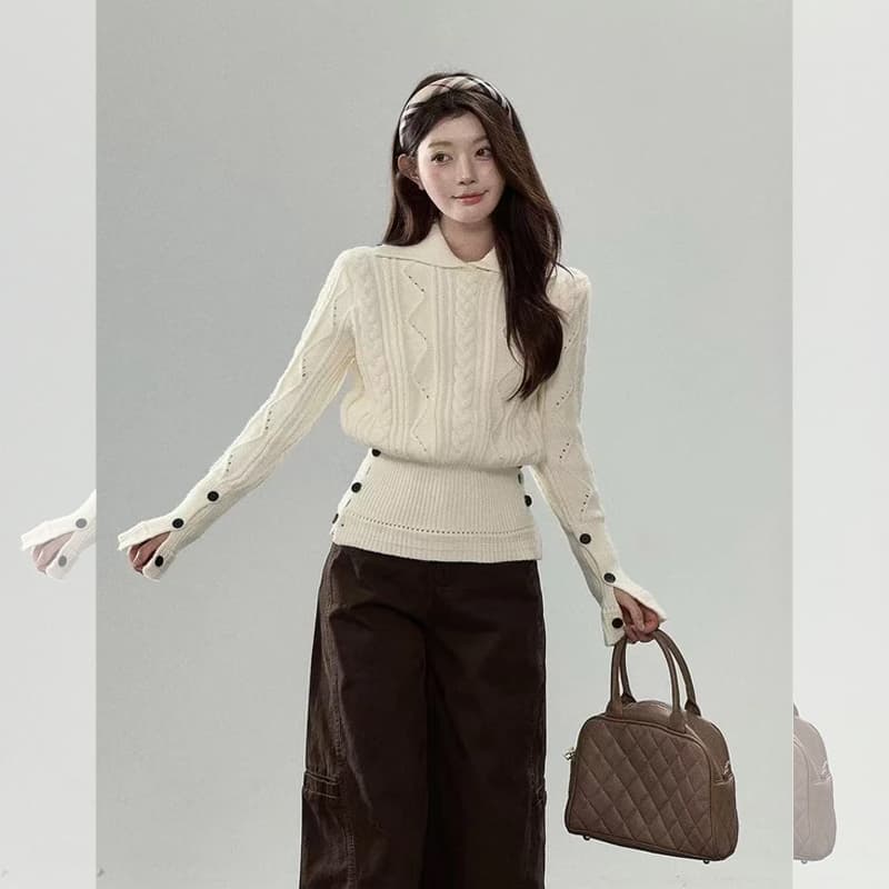 레트로 꽈배기 폴로 칼라 긴팔 스웨터 여자 겨울 캐주얼 루즈핏 슬림해 보이는 디자인 센스 보온 맨위 상세 이미지 2