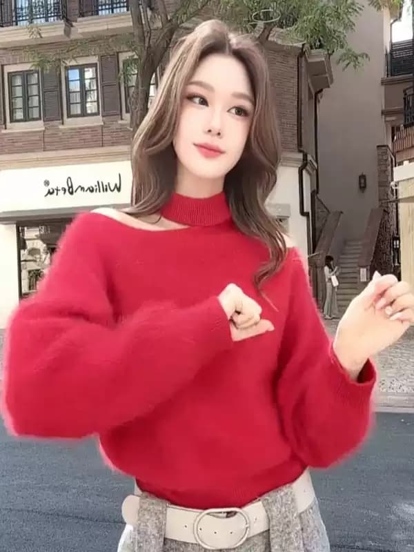 수달 털 행침 목 오프숄더 두꺼운 스웨터 여자 외출용 가을 겨울 한 부서 와이드 부드러운 찹쌀 반하이넥 만나는 니트 스웨터 이미지 4