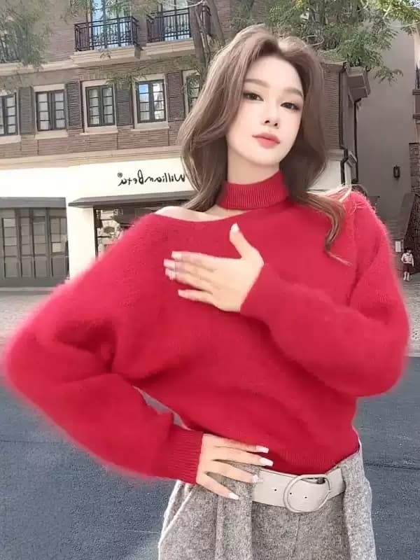 수달 털 행침 목 오프숄더 두꺼운 스웨터 여자 외출용 가을 겨울 한 부서 와이드 부드러운 찹쌀 반하이넥 만나는 니트 스웨터 상세 이미지 1