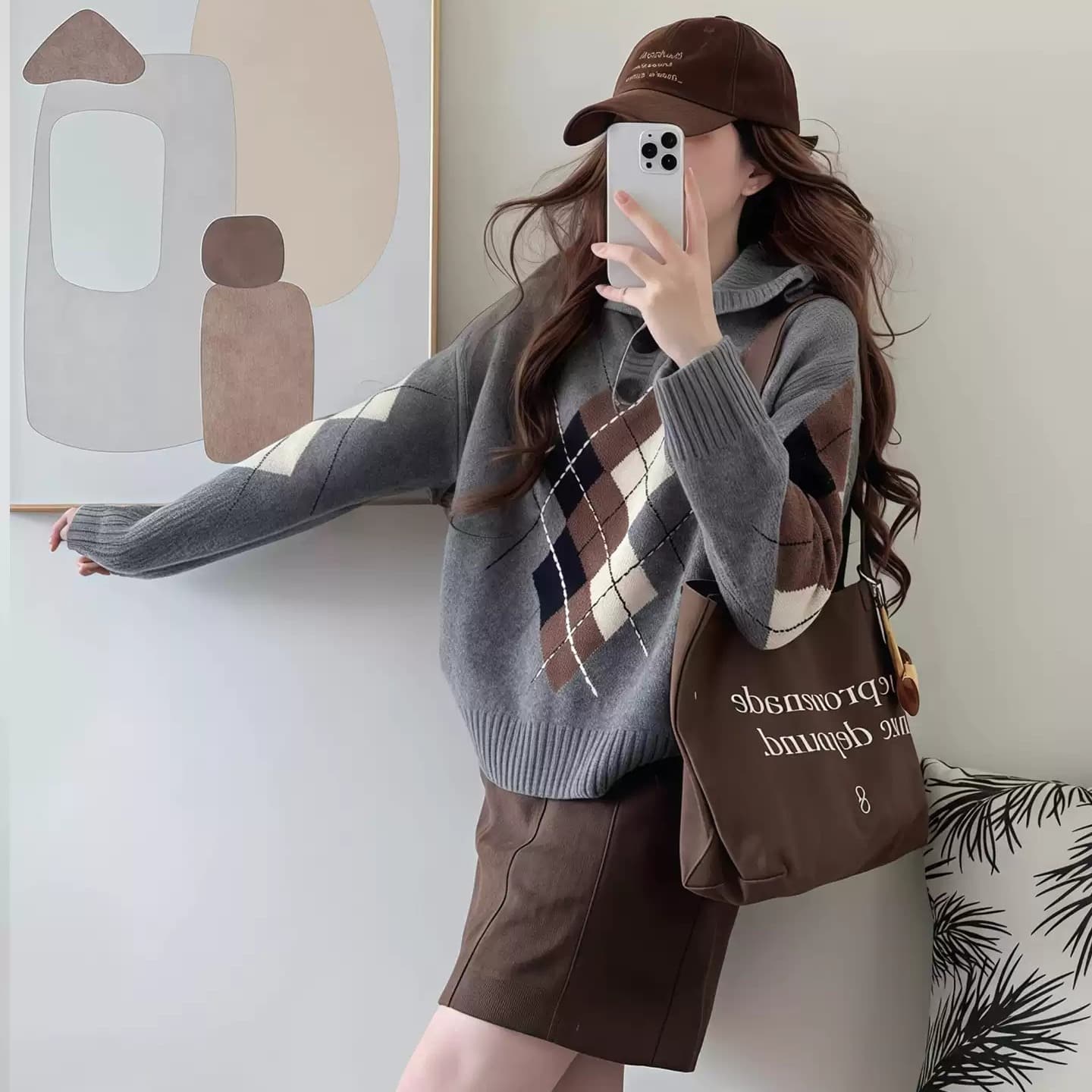 레트로 다이아몬드 모양 그리드 폴로 칼라 스웨터 여성 코트 가을 겨울 새로운 느긋한 루즈핏 슬림해 보이는 다용도 스택 착용 니트 맨위 이미지 5