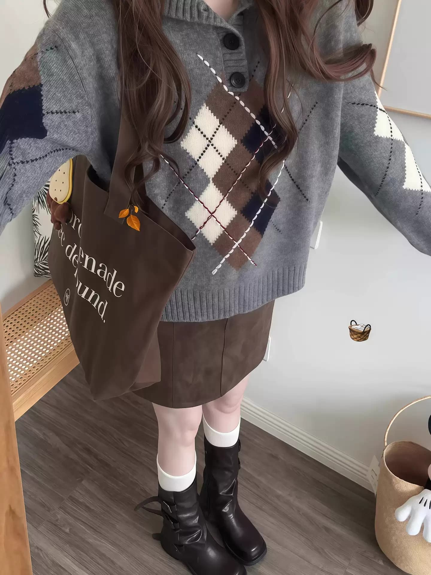 레트로 다이아몬드 모양 그리드 폴로 칼라 스웨터 여성 코트 가을 겨울 새로운 느긋한 루즈핏 슬림해 보이는 다용도 스택 착용 니트 맨위 상세 이미지 5