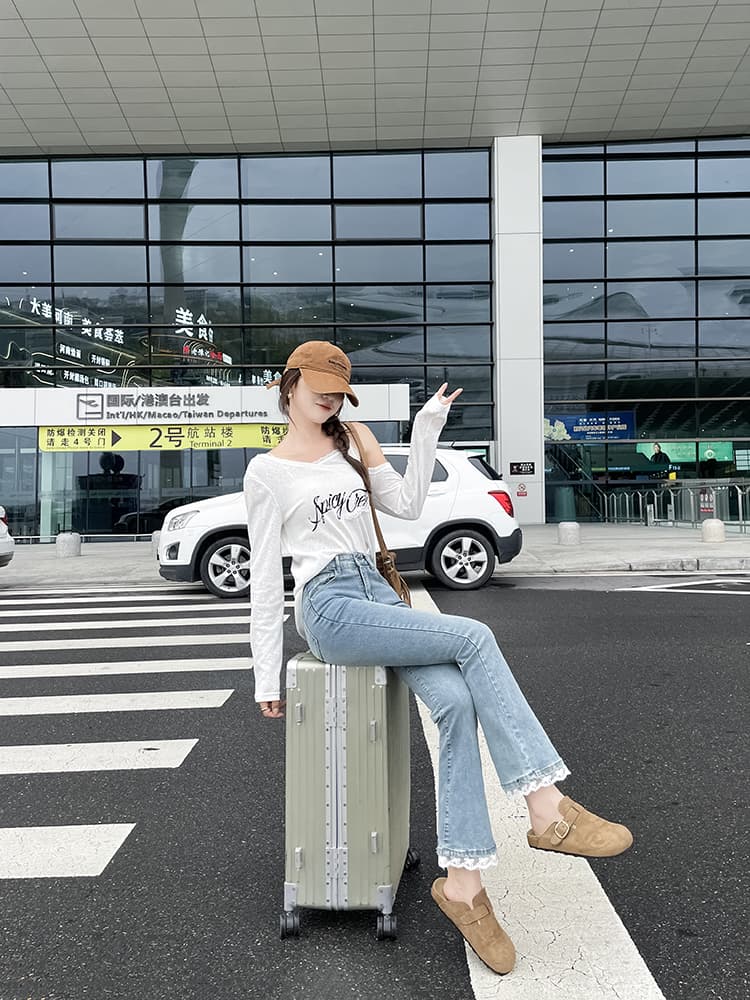 실사 봄 가을 레트로 거친 가장자리 부츠컷 청바지 여성 빅 사이즈 지방 mm 하이웨이스트 슬림해 보이는 신축성 나팔 바지 상세 이미지 16